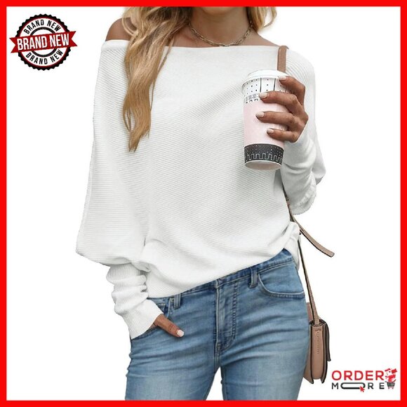 Batwing Sleeve Off Shoulder Pullover Sweater Loose Fit Ribbed Knit